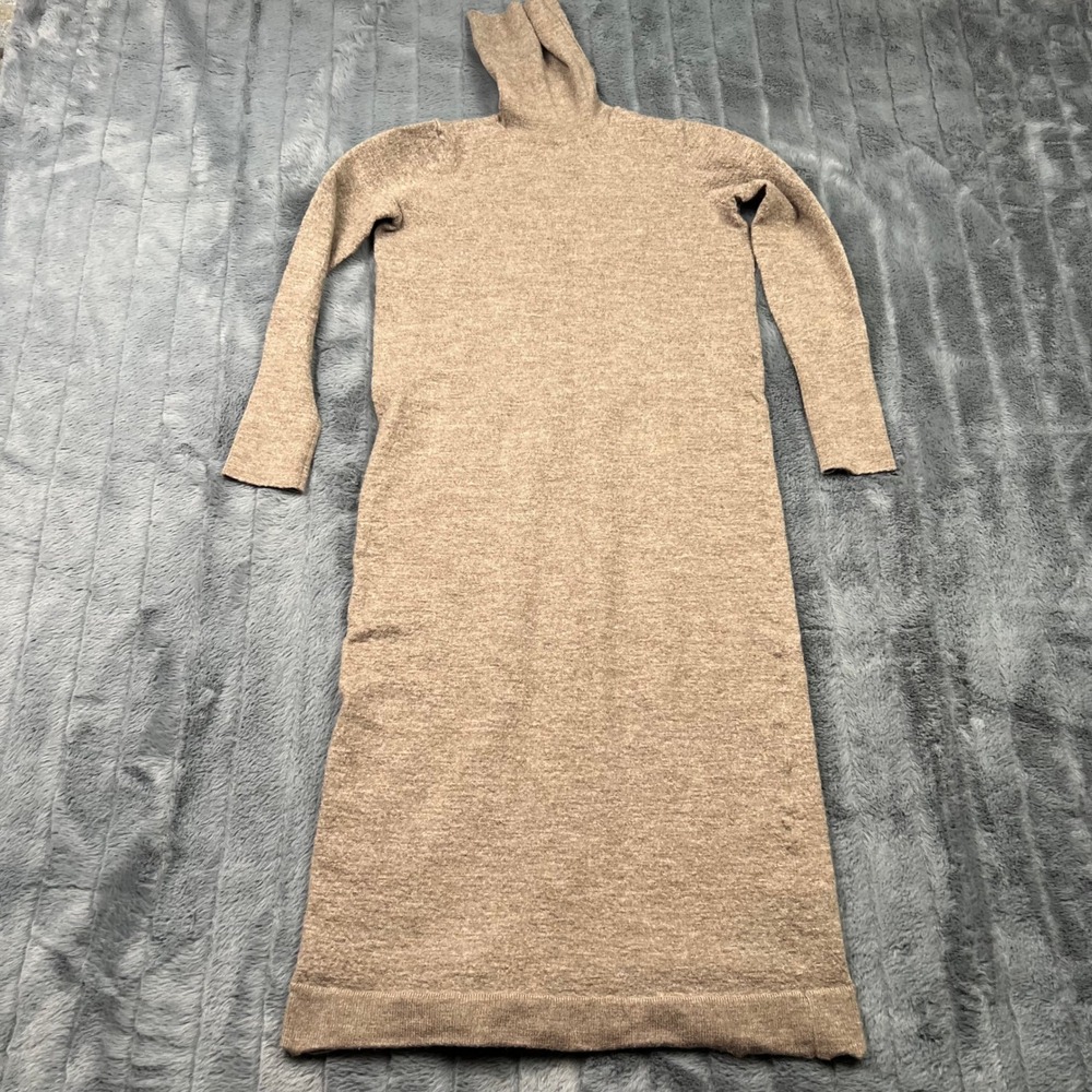 Zara Knit Womens Small 100% Merino Wool Turtleneck Midi Sweater Dress Taupe